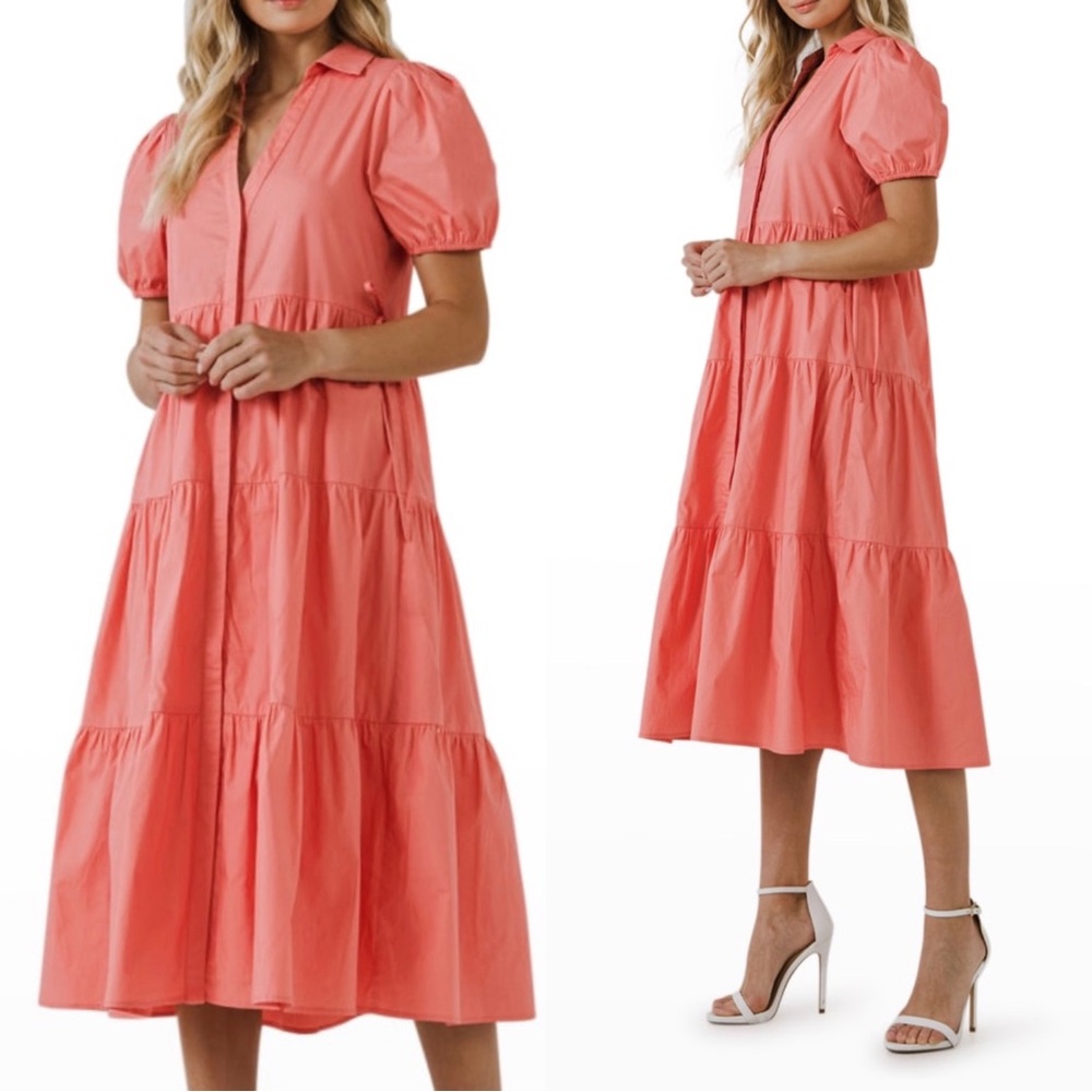 English Factory Puff-Sleeve Poplin Midi Button Up Shirtdress in Peach - Medium